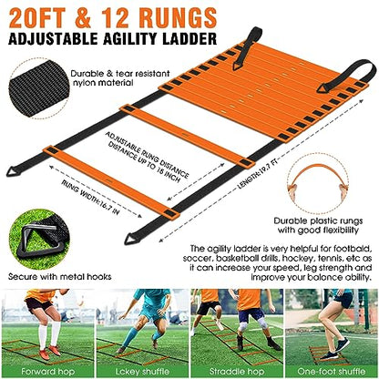 X-UMEUS Agility Ladder Speed Training Equipment Set-20ft Agility Ladder,12 Soccer Cones,4 Hurdles, Jump Rope, Running Parachute| Basketball Football Soccer Training Equipment for Kids Youth Adults - color: Orange