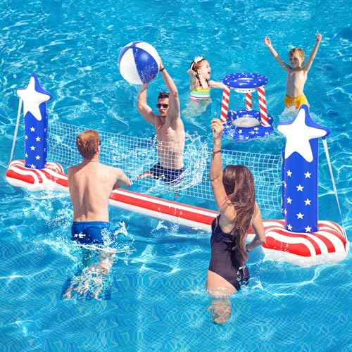 4th of July Pool Toys Games Set, 3 in 1 Inflatable Volleyball Net & Basketball Hoop, Large Water Floating Volleyball Toy Summer Party for Kids Teens Adults, American Flag 250th Anniversary
