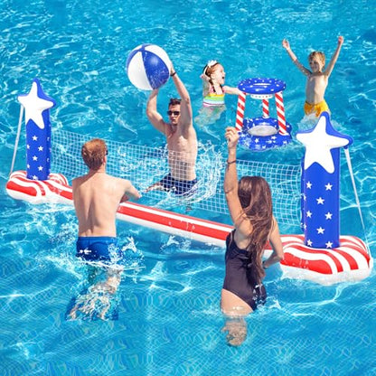 4th of July Pool Toys Games Set, 3 in 1 Inflatable Volleyball Net & Basketball Hoop, Large Water Floating Volleyball Toy Summer Party for Kids Teens Adults, American Flag 250th Anniversary