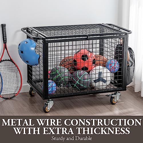 MyGift Black Metal Rolling Sports Ball Storage Cart for Playground, Dodge Ball, Basketball, Soccer Ball Gym Basket Equipment Cart with Lockable Latch, Caster Wheels and 4 Hooks