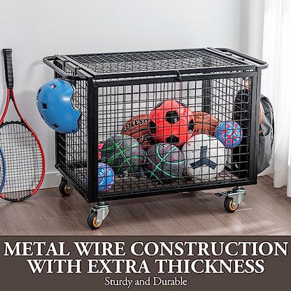 MyGift Black Metal Rolling Sports Ball Storage Cart for Playground, Dodge Ball, Basketball, Soccer Ball Gym Basket Equipment Cart with Lockable Latch, Caster Wheels and 4 Hooks