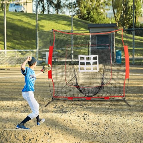7x7ft Baseball Softball Practice Net, Portable Baseball Training Net w/Carrying Bag, Strike Zone Target for Batting Catching Pitching Hitting, for All Skill Levels - style: Baseball Net with Pro Strike Zone