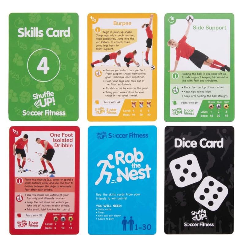 Shuffle Up Soccer Card Games - 70+ Fun & Active Skills Cards for Kids, Fitness Cards Develop Fundamentals, Stamina & Strength, Easy to Play for Kids | Multiple Skills Level Card Include 2 Dices - style: Soccer Card Games