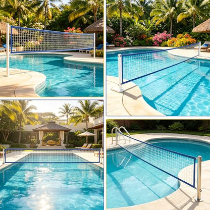 Pool Volleyball Net Replacement, Heavy Duty PE Net with Adjustable Length 15-30 FT, Waterproof Oxford Border for Outdoor In-Ground & Above Ground Pools, Includes Carabiners & Storage Bag