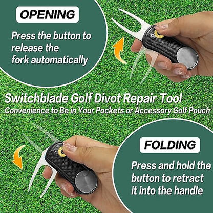 FINGER TEN Golf Divot Repair Tool and Ball Marker Switchblade Value Pack, Foldable Magnetic Stainless Steel with Pop-up Button for Men Women - color: B: 2 in Black