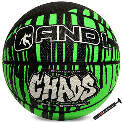 AND1 Chaos Basketball: Official Regulation (29.5 inches) Rubber - Deep Channel Construction Streetball, Made for Indoor Outdoor Basketball Games - color: Green Drip