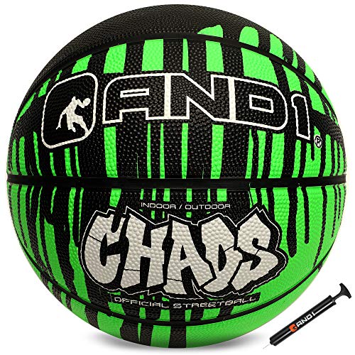 AND1 Chaos Basketball: Official Regulation (29.5 inches) Rubber - Deep Channel Construction Streetball, Made for Indoor Outdoor Basketball Games - color: Green Drip