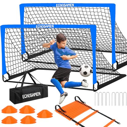 Kids Soccer Goals for Backyard, 2 of 6 x 4 ft Kids Soccer Goal Set Soccer Net with 10 Soccer Cones, Agility Ladder & Carry Bag, Portable Soccer Training Equipment. - color: Blue