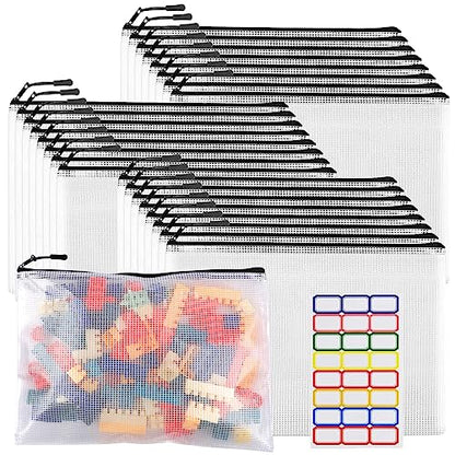 24pcs Large Mesh Zipper Pouch File Bags YOPCDJ Reusable Zippered Pouches for Organizing Classroom, Board Game Storage, Puzzle Bags Black