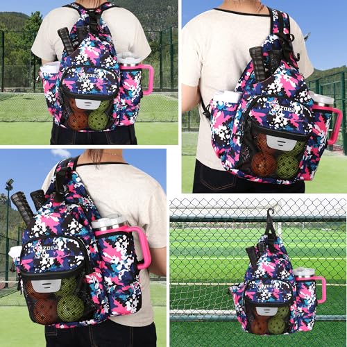 ZOEA Pickleball Backpack Bag for Men Women, Fits 40oz Tumbler, Holds 4 Paddles with Fence Hook, Waterproof Reflective, 7 Pockets Convertible Straps - color: Gray Flower