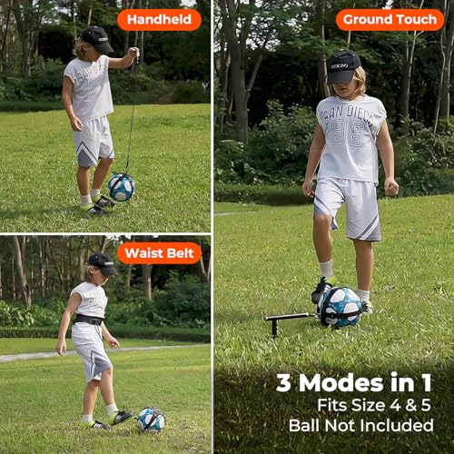3 in 1 Soccer Training Aid, Inground Soccer Kick Touch Trainer, Hands Free Soccer Kick Trainer and Handle Soccer Kick Trainer for Kids(Fits Ball Size 4 and 5)