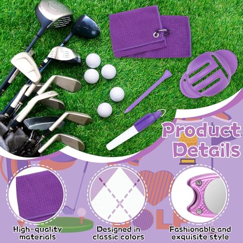 Golf Accessories Kit Golf Club Cleaning Kit Club Groove Cleaner Brush Divot Repair Tool Golf Towel with Clip Ball Bag with Hook Ball Alignment Kit Marking Pen Golf Gift Set Women - color: Purple