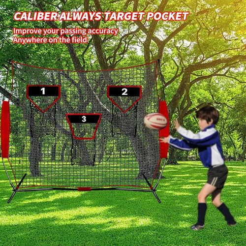 Football Throwing Net - 8x8 FT Portable Quarterback Training Equipment with 3 Target Pockets for Indoor Outdoor Punting Passing Catching Accuracy Practice for All Ages