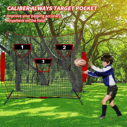 Football Throwing Net - 8x8 FT Portable Quarterback Training Equipment with 3 Target Pockets for Indoor Outdoor Punting Passing Catching Accuracy Practice for All Ages