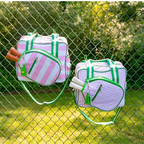 Cute Prepster Pickleball Bag for Women with Fence Hook, Tote with Pockets for Water Bottle, Paddles, Balls, Accessories - color: Pink Bamboo Print