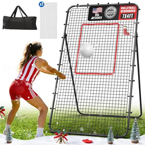 Volleyball Rebounder Net 7x4 FT, 5-Angle Adjustable Bounce Back Net, Steel Frame & PE Training Net for Volleying/Spiking, Rust-Resistant & Durable – w/Travel Bag, 2 NETS - color: Black