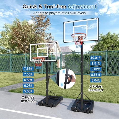 GYMAX Basketball Hoop, 5.6-10 Ft Adjustable Basketball Goal with 44 Inch Shatterproof Backboard, Fillable Base, Wheels for Teens, Adults, Outdoor, Backyard, Driveway
