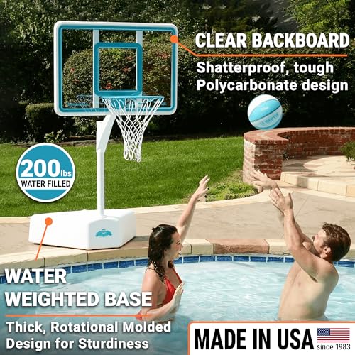 Dunn-Rite Splash & Shoot Pool Basketball Hoop, Adjustable Height Backboard – 200lbs Water-Filled Base, Stainless Steel Rim & Waterproof Basketball, Made in USA, Clear Aqua