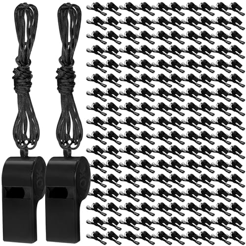 Arrowbash 500 Pcs Plastic Whistles Bulk with Lanyard Loud Crisp Sound Sports Whistle for Birthday Party Goody Bag Fillers Referees Coaches Survival (Solid Color Style,Black)