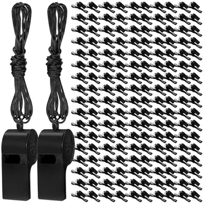 Arrowbash 500 Pcs Plastic Whistles Bulk with Lanyard Loud Crisp Sound Sports Whistle for Birthday Party Goody Bag Fillers Referees Coaches Survival (Solid Color Style,Black)