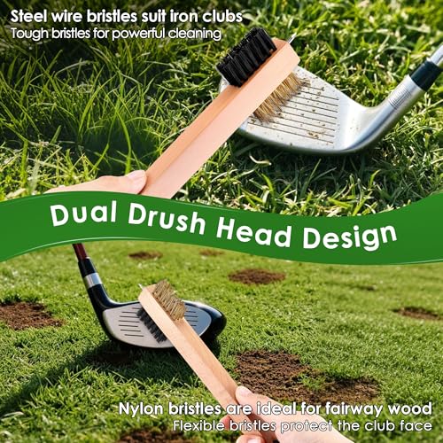 Feekoon 2 Pcs Wood Golf Club Brush, Groove Cleaner with Rope and Metal Clip, Oversized Brush Head, Heavy Duty Nylon Bristles for Cleaning Grooves on Clubs Golf Accessories