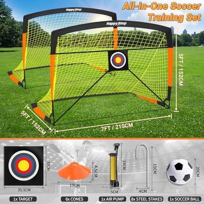 Happy Jump 7x5' & 5x3.6' Portable Soccer Goals for Kids Ages 6-14, Weatherproof Net and Steel Frame for Backyard Fun and Outdoor Training, Quick Setup and Sturdy for All Weather Conditions - style: 7x5 FT, 2 Set Upgrade