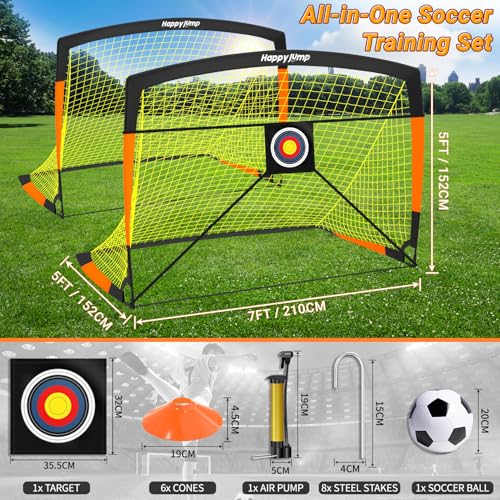 Happy Jump 7x5' & 5x3.6' Portable Soccer Goals for Kids Ages 6-14, Weatherproof Net and Steel Frame for Backyard Fun and Outdoor Training, Quick Setup and Sturdy for All Weather Conditions - style: 7x5 FT, 2 Set Upgrade