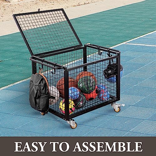 MyGift Black Metal Rolling Sports Ball Storage Cart for Playground, Dodge Ball, Basketball, Soccer Ball Gym Basket Equipment Cart with Lockable Latch, Caster Wheels and 4 Hooks