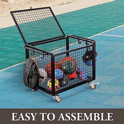 MyGift Black Metal Rolling Sports Ball Storage Cart for Playground, Dodge Ball, Basketball, Soccer Ball Gym Basket Equipment Cart with Lockable Latch, Caster Wheels and 4 Hooks