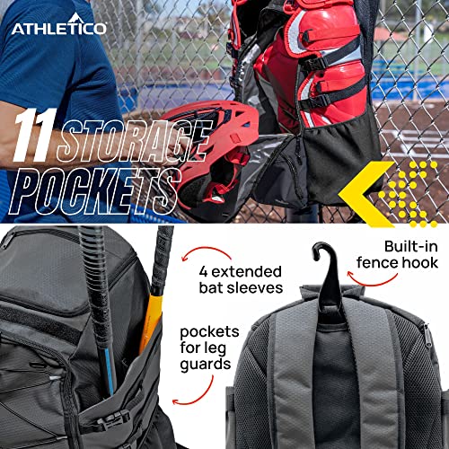 Athletico Dominator Baseball Bag - Softball Bat Bag with Shoes Compartment for Youth, Boys and Adult, Lightweight Baseball Bag with Fence Hook Hold TBall Bat, Batting Mitten, Helmet, Caps, Teeball Gear - color: Black