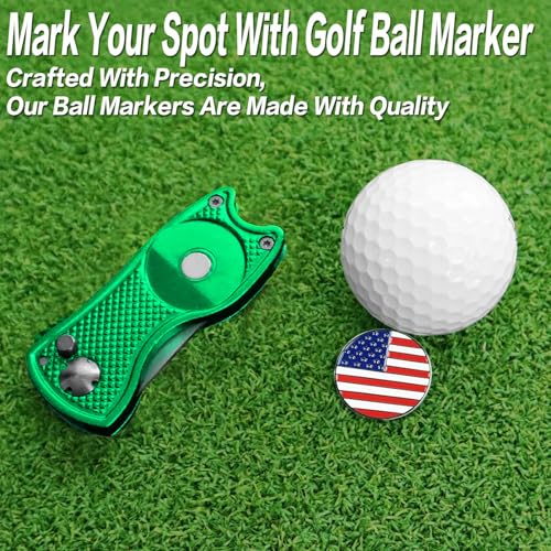FINGER TEN Golf Divot Repair Tool and Ball Marker Switchblade Value Pack, Foldable Magnetic Stainless Steel with Pop-up Button for Men Women - color: 2 in Green+2 Ball Marker