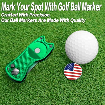 FINGER TEN Golf Divot Repair Tool and Ball Marker Switchblade Value Pack, Foldable Magnetic Stainless Steel with Pop-up Button for Men Women - color: 2 in Green+2 Ball Marker