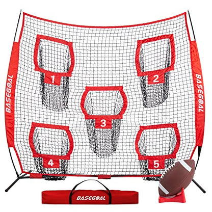 BaseGoal Football Nets for Throwing,Football Target,Quarterback Training Equipment with 5 Target Pockets for Improving Football Accuracy Throwing-8 x 8 ft or 7 x 7 ft Nets - color: 8 x 8 Ft Red + Ball