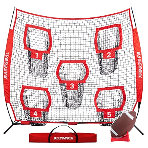 BaseGoal Football Nets for Throwing,Football Target,Quarterback Training Equipment with 5 Target Pockets for Improving Football Accuracy Throwing-8 x 8 ft or 7 x 7 ft Nets - color: 8 x 8 Ft Red + Ball