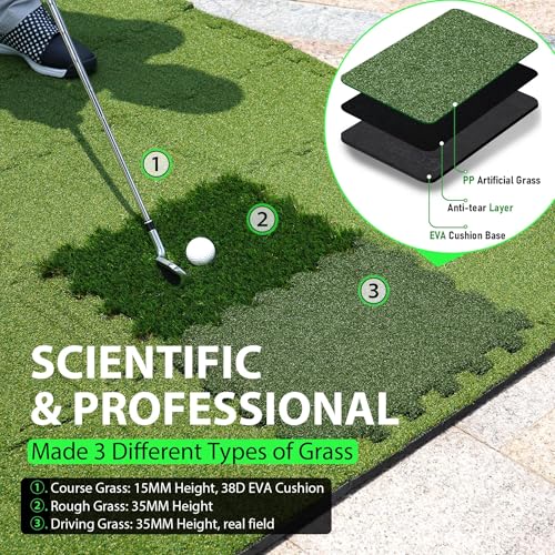 GAIARENA Tri-Turf Golf Hitting Mat Premium Indoor/Outdoor/Backyard Golfing Practice Mat for Home Golf Simulators, Thick EVA Foam Base & Tri-Turf Tiles Rough Driving Course Grass, Gift for Avid Golfers - size: 75.6"*45.6"