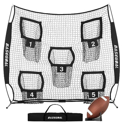BaseGoal Football Nets for Throwing,Football Target,Quarterback Training Equipment with 5 Target Pockets for Improving Football Accuracy Throwing-8 x 8 ft or 7 x 7 ft Nets - color: 8 x 8 Ft Black + Ball