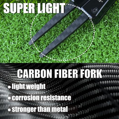 SANDIAN, All-in-1 Value Pak, Adjustable Golf Tee Height Setter with Divot Tool, Genuine Carbon Fiber Made Pitchfork, Super Lightweight, T800 Ball Marker, Hat Clip, Tees, Leather Holster, Zipper Case