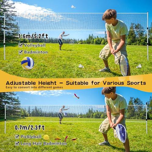 Outdoor Portable Volleyball and Badminton Net Combo Set, Official Size 5 Volleyballs Pickleball and Badminton Set for Backyard Games (Blue+Green)
