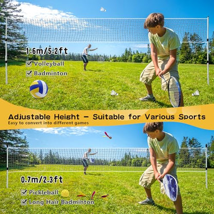 Outdoor Portable Volleyball and Badminton Net Combo Set, Official Size 5 Volleyballs Pickleball and Badminton Set for Backyard Games (Blue+Green)