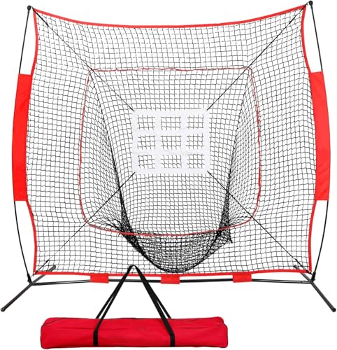 7x7ft Baseball Softball Practice Net, Portable Baseball Training Net w/Carrying Bag, Strike Zone Target for Batting Catching Pitching Hitting, for All Skill Levels - style: Baseball Net with Pro Strike Zone