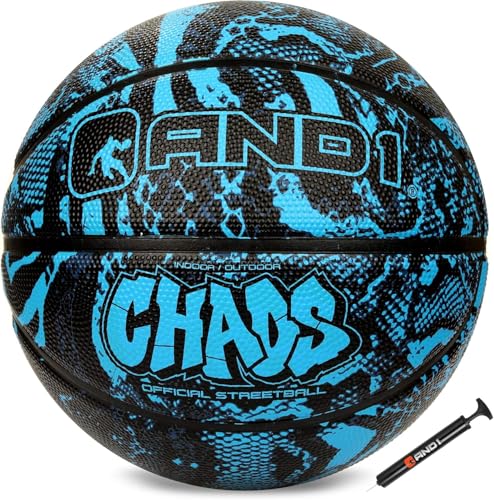 AND1 Chaos Basketball: Official Regulation (29.5 inches) Rubber - Deep Channel Construction Streetball, Made for Indoor Outdoor Basketball Games - color: Blue/Black Jungle