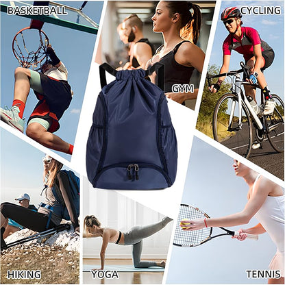 Sports Drawstring Backpack, Waterproof Swim Gym Bag for Women&Men, String Basketball Pack with Shoes Compartment, Dark Blue - color: Dark Blue