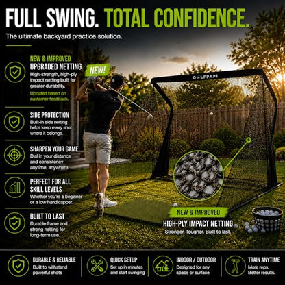 Golf Practice Net – Compact Golf Hitting Net with Steel Frame and Side Net Protection – Indoor & Outdoor Golf Training Net for Backyard, Garage, or Simulator Use 7.5 & 10 ft - size: 7.5 Feet Wide