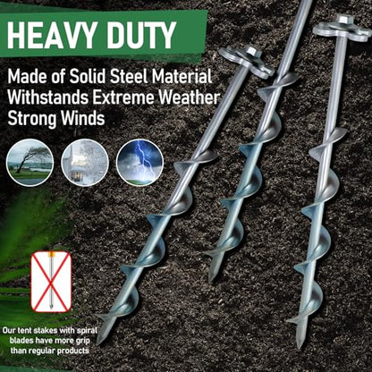 Ground Anchors Screw in – 4 Pack Spiral Tent Stakes heavy duty with Drill Socket & T-Handle, 12 Inch Trampoline Anchor with Hook & Ring Design for Tents, Sheds, Canopies, Swing Sets, Gazebo(4)