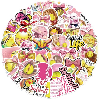 50PCS Pink Coquettte Bows Softball Stickers, Cute Motivational Vinyl Waterproof Stickers for Water Bottles,Helmets, Luggage, Teaching Incentives, Softball Gifts for Girls Kids, Teens and Adults