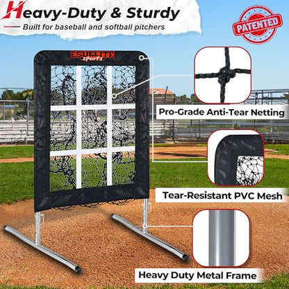 Heavy-Duty 9 Hole Pro Style Baseball & Softball Pitching Net with Strike Zone Target - Adjustable Portable Design - style: Black