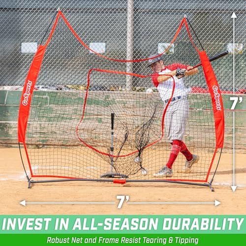 GoSports 7 x 7 ft Baseball & Softball Nets - Available in Team Colors - Batting & Pitching Net with Strike Zone - color: Red