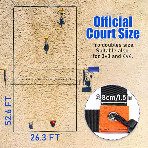 TOBWOLF Beach Volleyball Lines for Sand, Heavy Duty Volleyball Court Lines for Sand Beach Grass Backyard, 26.3' x 52.6' Portable Volleyball Boundary Lines with Metal Anchors & Sandbags