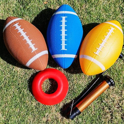 6 Pack 8.3" Inflatable Footballs with Pump and Kicking Tee,Rubber Junior Soft Small Toddler and Mini Footballs, Playground Balls for Kids - color: Multicolor