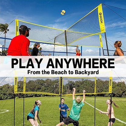 GOOX 4 Square Volleyball Net Game Set, 14 FT 4-Way Volleyball Net for Backyard Beach Lawn, Portable Four Square Volleyball Net for Adults & Youths with Vollyball, Pump, Carry Bag - color: yellow